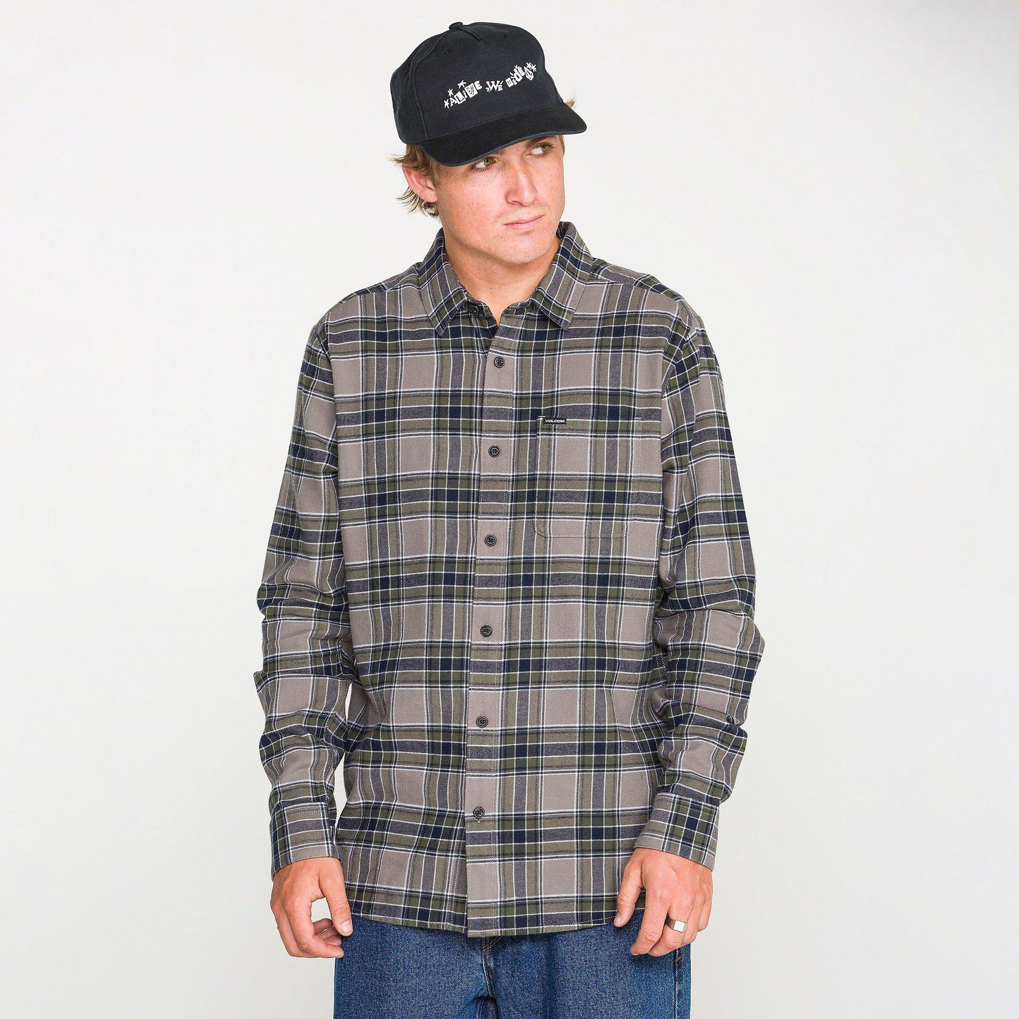 Volcom | Men's Caden Plaid Long Sleeve Shirt, Pewter, Size Small