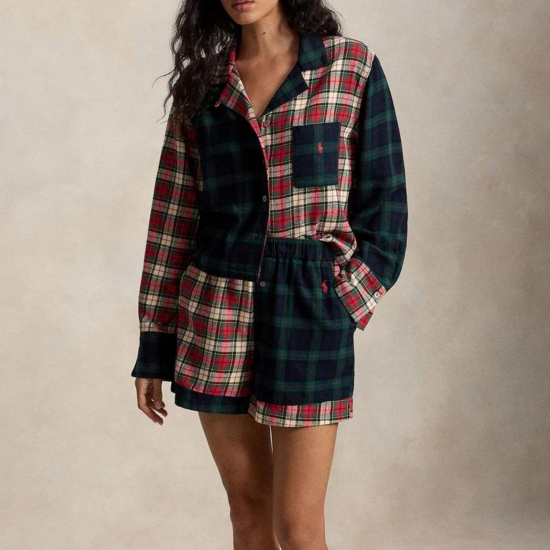 Polo Ralph Lauren Women's Plaid Flannel Crop Top + Boxer Two-Piece PJ Set