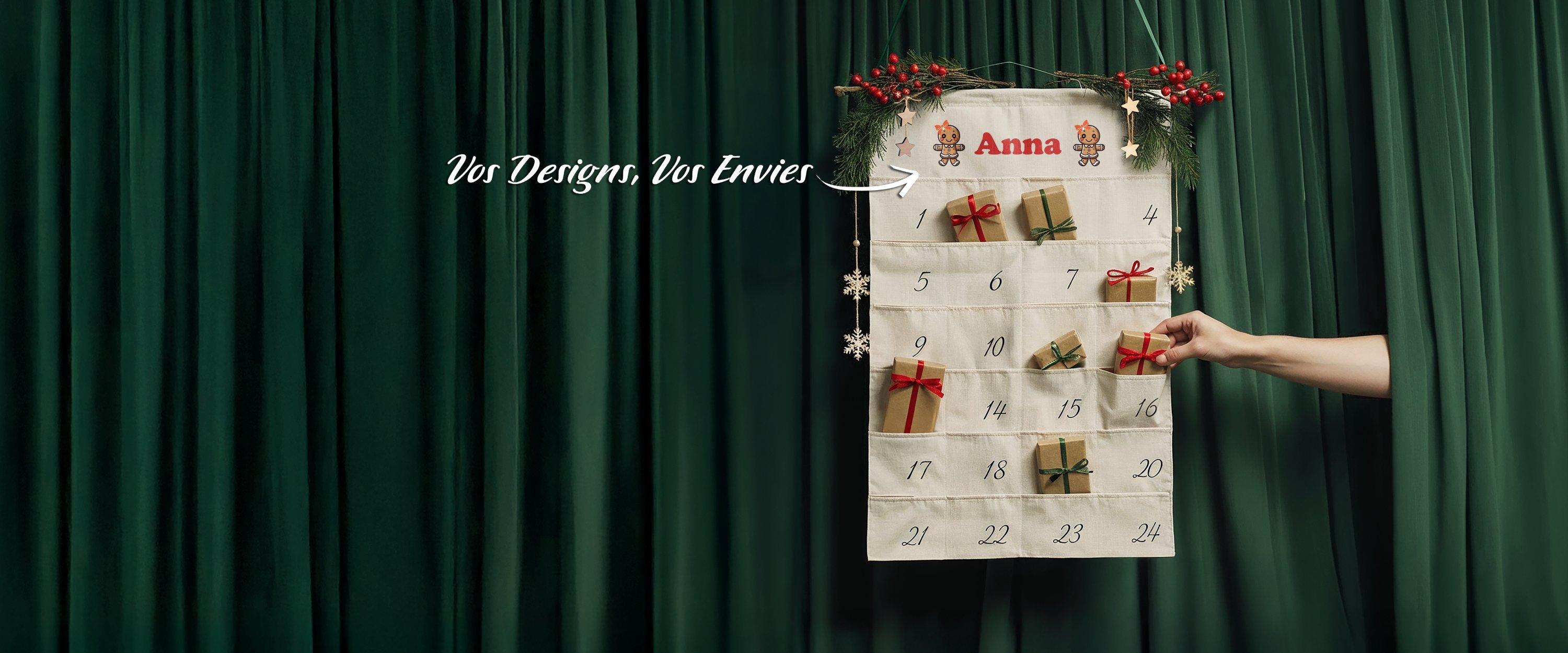 Fond vert avec calendrier de l'Avent blanc et ses 24 dates. Une main se dirige vers l’une des portes.