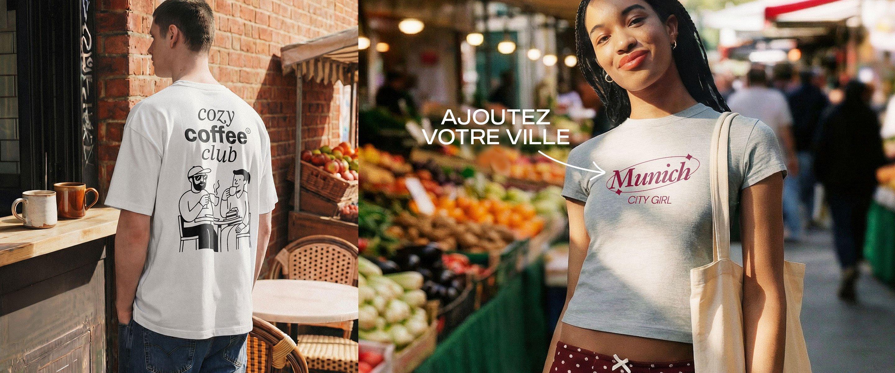 Image en deux parties : à gauche, un homme porte un T-shirt « Cozy Coffee Club » ; à droite, une femme porte un T-shirt « Munich City Girl » avec la mention « Ajoutez votre ville ».