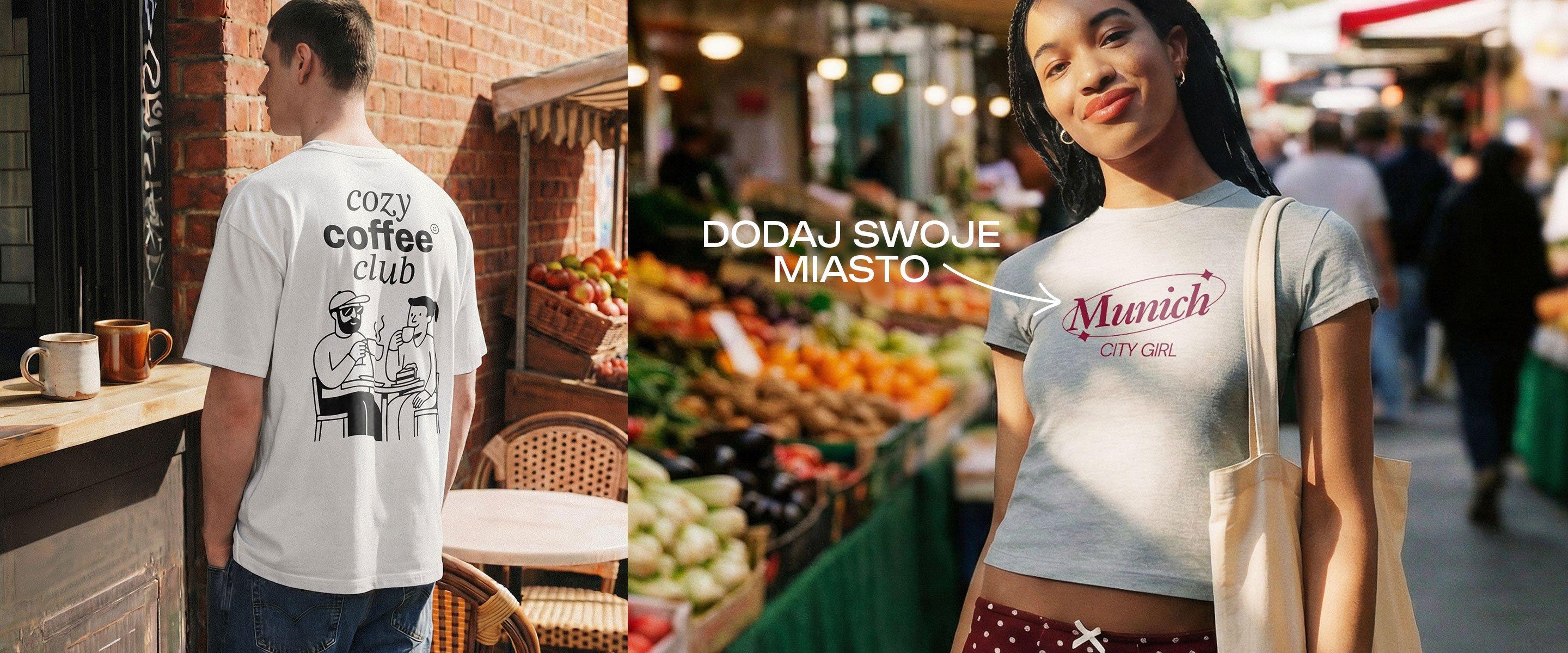 Obraz podzielony: Po lewej mężczyzna nosi koszulkę „Cozy Coffee Club”; po prawej kobieta nosi koszulkę „Munich City Girl” z napisem „Dodaj swoje miasto”.