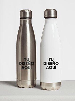 Dos botellas reutilizables, una plateada y una blanca, ambas con la frase "TU DISEÑO AQUÍ" impresa en el frente