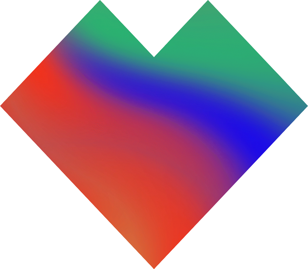 Forma de corazón con un degradado de colores vibrantes que incluye rojo anaranjado, azul eléctrico y verde claro