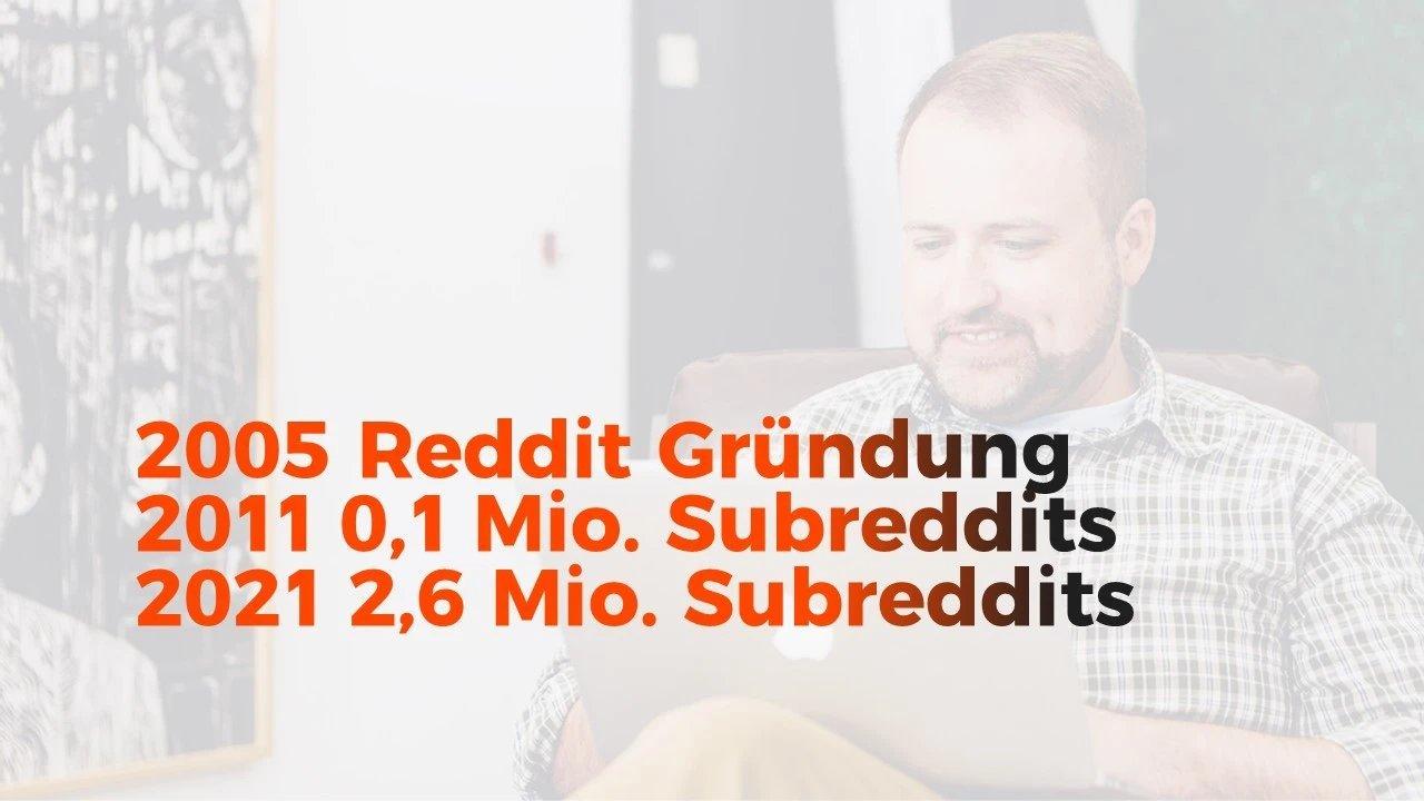 Übersicht der wichtigsten Daten der Plattform: 2005 Gründung von Reddit, 2011 0,1 Mio. Subreddits und 2021 bereits 2,6 Mio Subreddits.