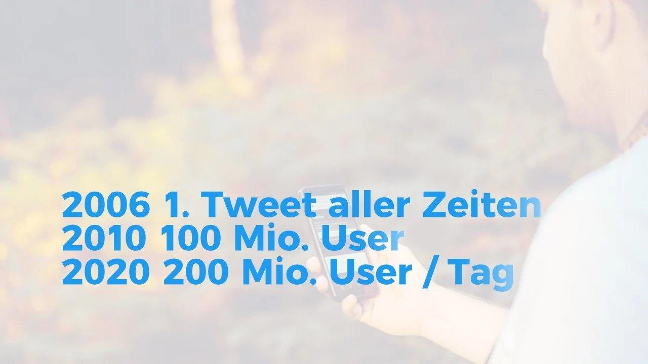 Mann sitzt in der Natur und hält sein Telefon wie bei einem Face Time Anruf vor sich. Textoverlay: 2006 wurde der erste Tweet abgesetzt, 2010 hat die Plattform 100 Mio. User, 2020 200 Mio User pro Tag