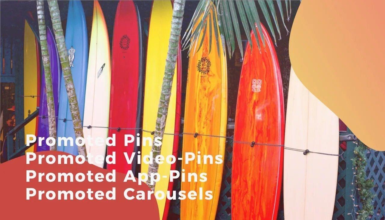 Farbige Surfbretter als Symbol für Vielfalt, daneben Text zu Promoted Pins