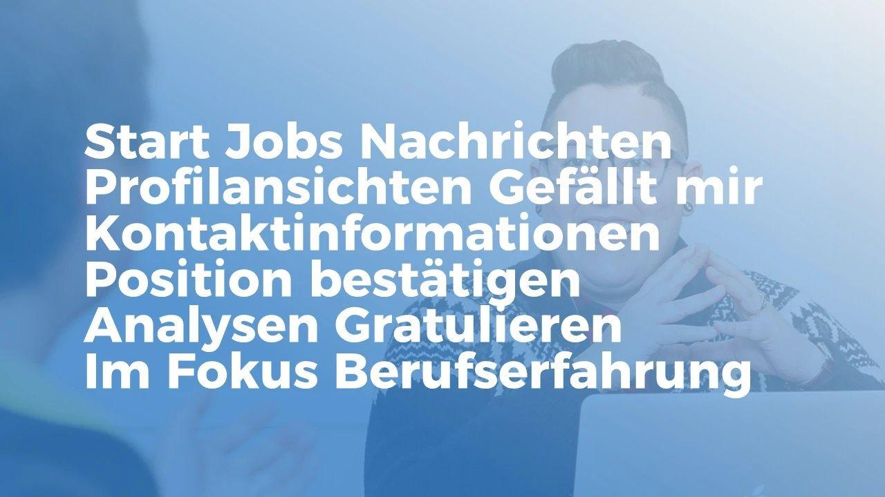 Eine Sammlung der wichtigsten Begriffe auf LinkedIn wie: Start, Jobs, Profilansichten, Gratulieren, Berufserfahrung, Gefällt mir.