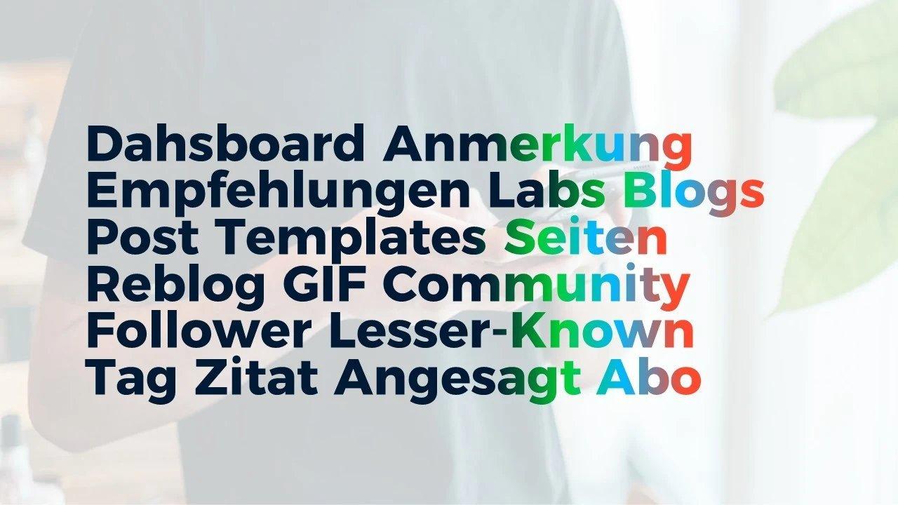 Sammlung der typischen Begriffe auf Tumblr: Dashboard, Empfehlungen, Labs, Blogs, Post, Templates, Reblog, GIF, Tag, Abo.