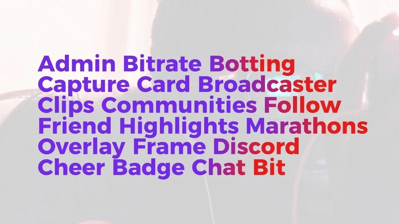 Sammlung typischer Twitch-Begriffe wie „Overlay“, „Chat“, „Discord“ – Inspirationsquelle für Print-on-Demand-Designs und Creator-Merch in der Streaming-Szene.