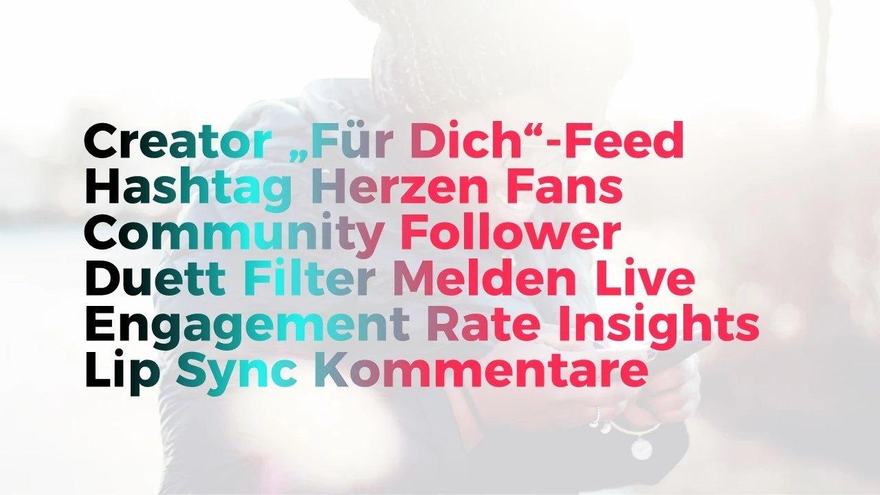 Begriffswolke mit typischen TikTok-Features wie Duett, Filter, Für-Dich-Feed – praktische Übersicht für Creator