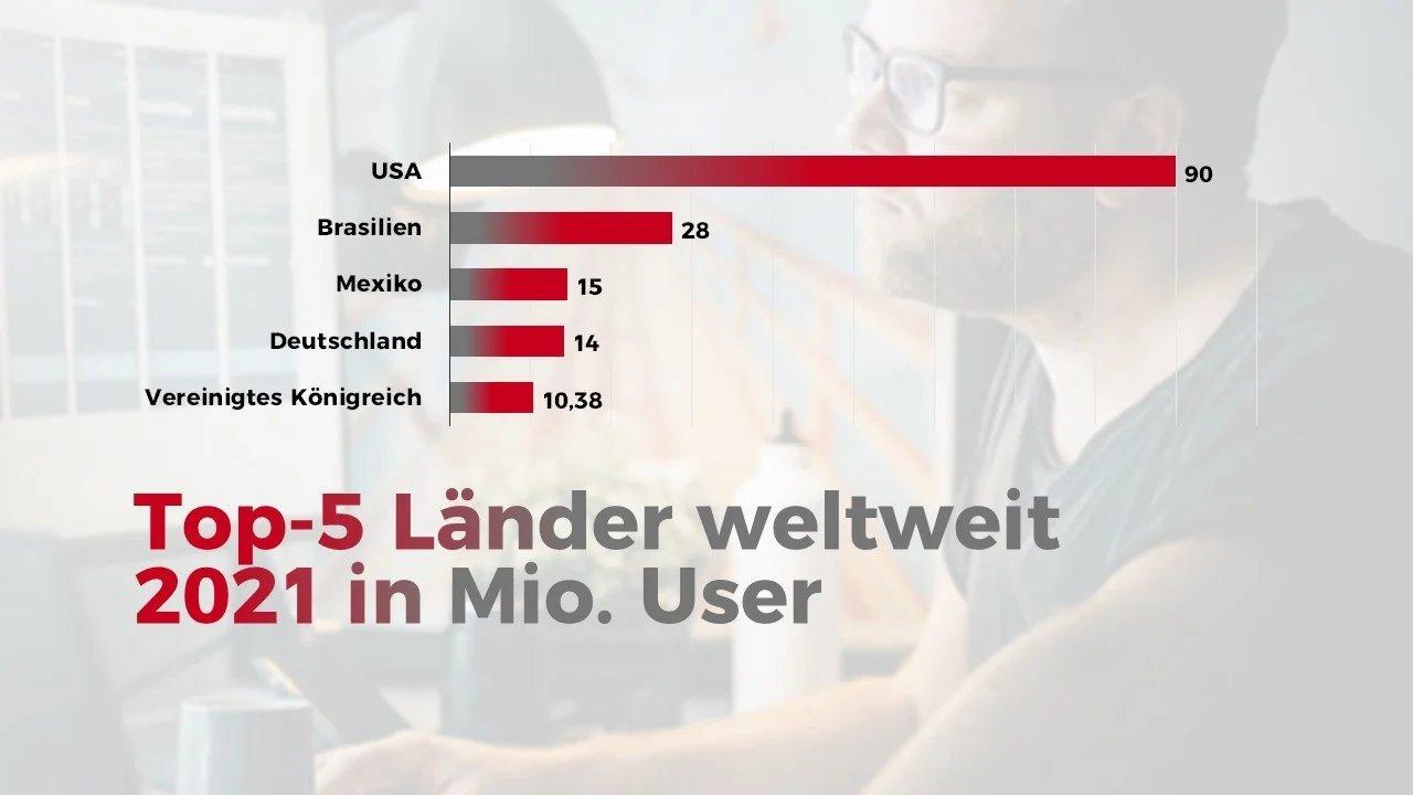Infografik über die 5 Länder weltweit mit den meisten Pinterest Nutzern, Stand 2021.