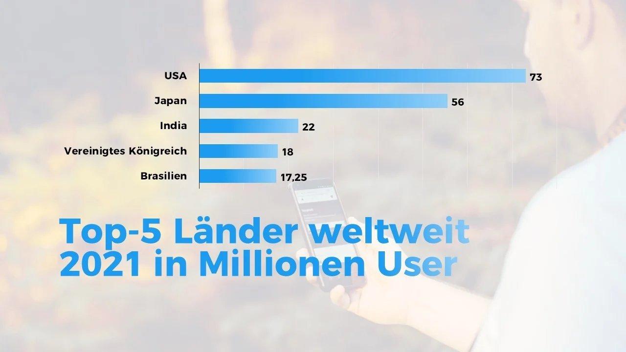 Infografik der Top 5 Länder weltweit in Millionen Usern, angeführt von der USA, dann Japan, Indien, dem Vereinten Königreich und Brasilien.