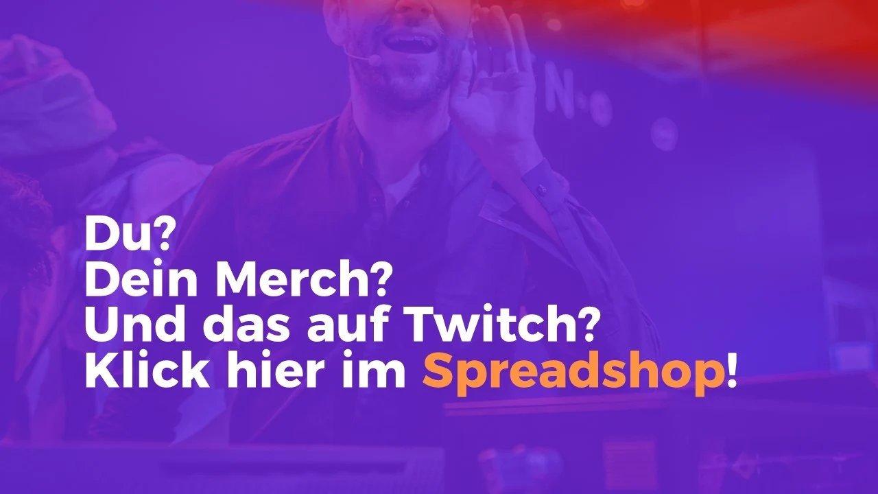 Mann auf Bühne mit Mikrofon, daneben Text zu Merch auf Twitch – direkter Appell an Creator, mit Spreadshop eigenen Print-on-Demand-Merch zu verkaufen.