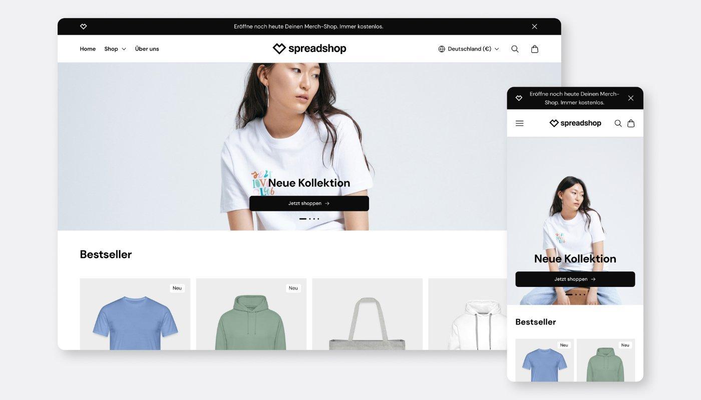 Hauptansicht des neuen Shop-Frontends von Spreadshop.