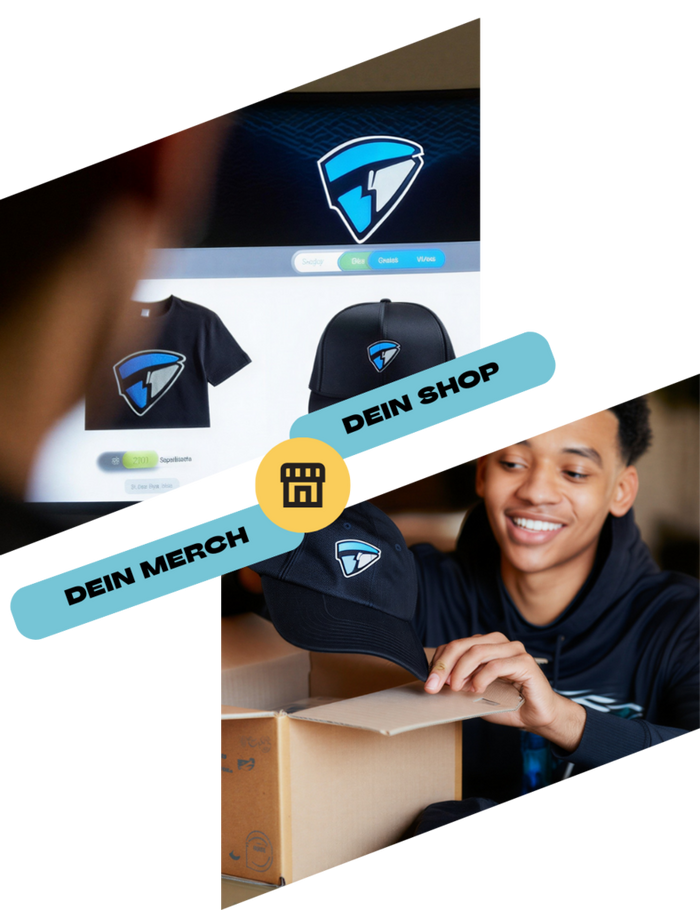 Mann sieht seinen Labradoren beim fressen zu. Er trägt ein T-Shirt mit Labrador Design. Man sieht in einer Grafik, wie einfach er einen Onlineshop mit diesen Motiven erstellt hat.