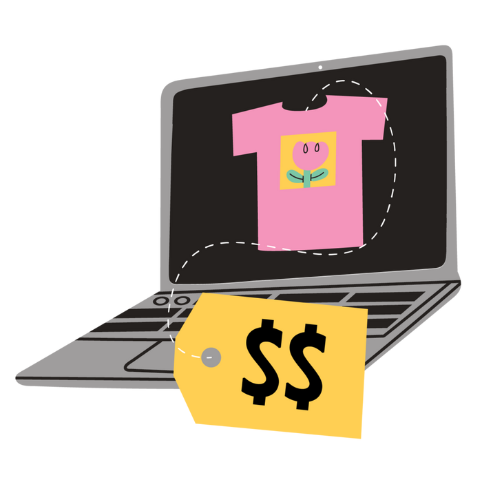 mockup of a t-shirt with a flower design on a laptop with a dollar sign price tag to illustrate t-shirt sales
