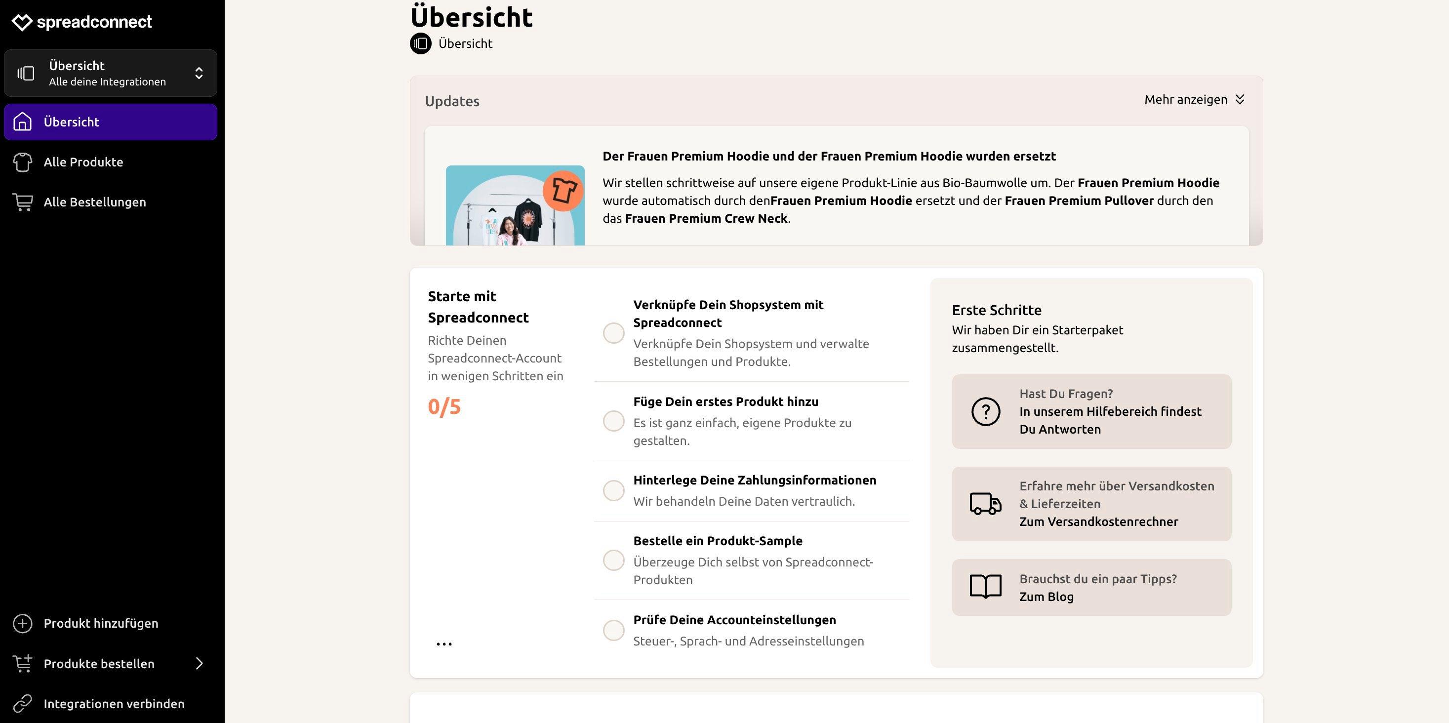 Screenshot der Merchant Area Übersichtsseite mit Onboarding Guide.