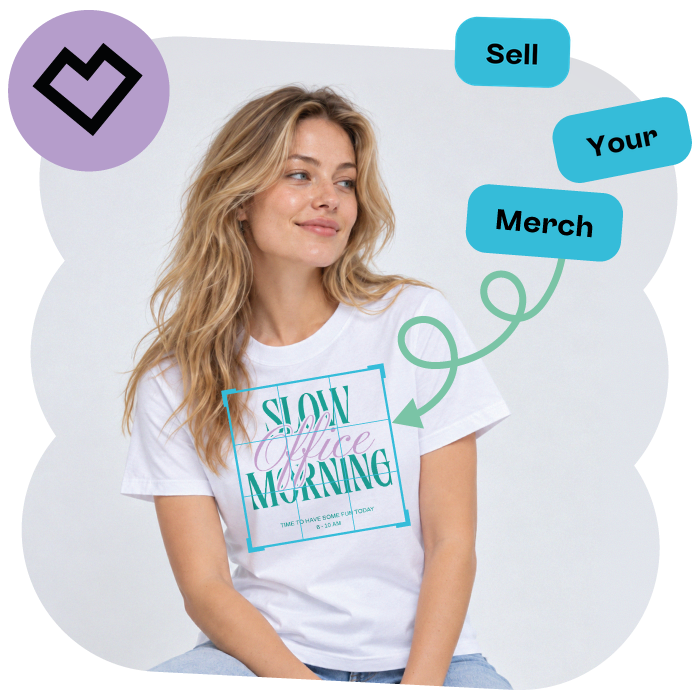 girl wearing customizable sweatshirt with sell your merch text to illustrate print on demand customization