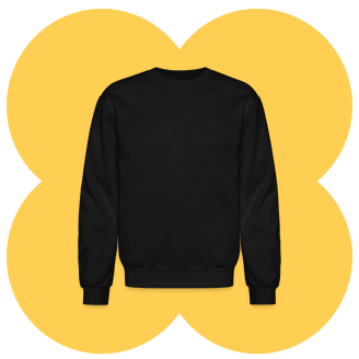 schwarzes, unbedrucktes Sweatshirt mit langen Ärmeln, breiten Bündchen und Rundhalsausschnitt auf gelbem Hintergrund