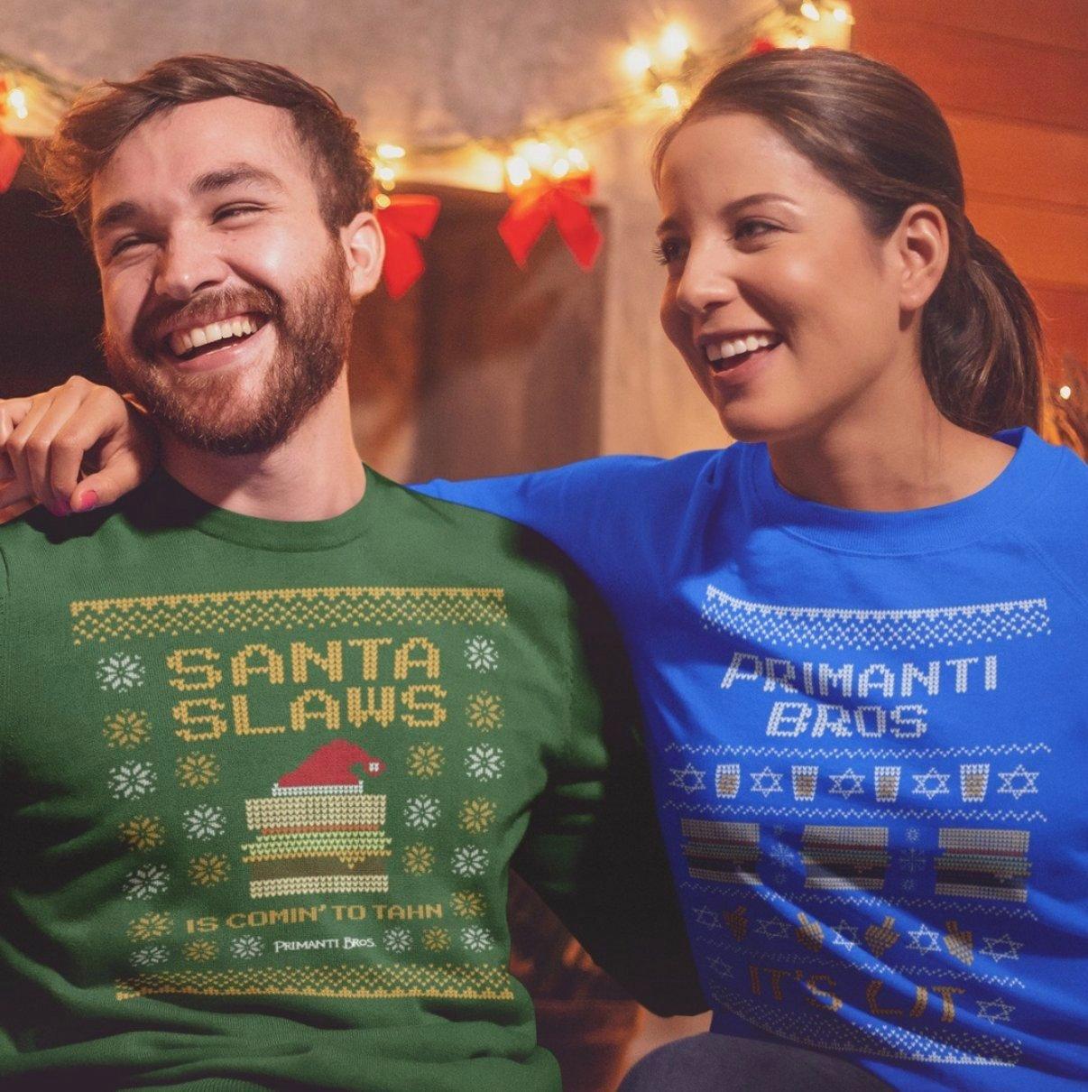 people wearing custom beer christmas sweaters