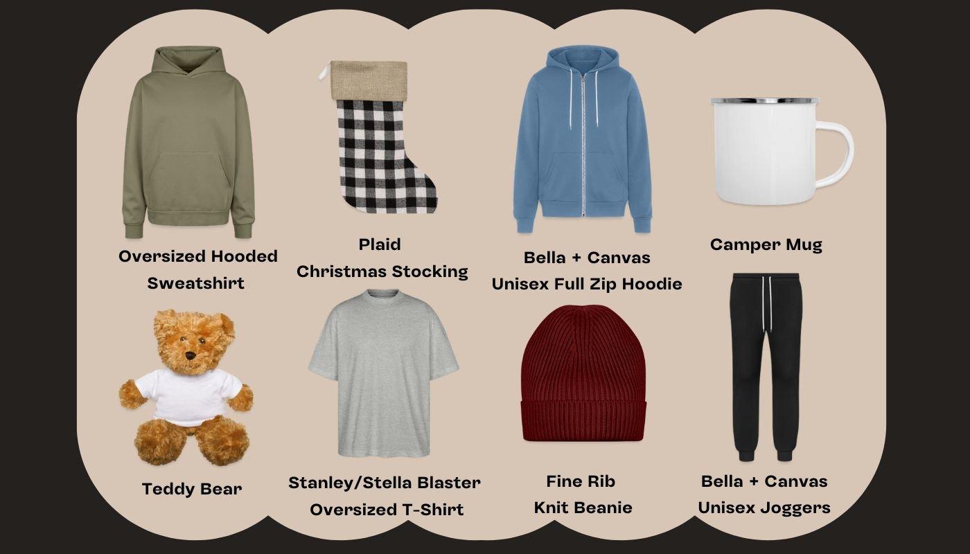 Overview of bestselling Black Friday products including hoodies, stocking, mug, teddy bear, beanie, and joggers.