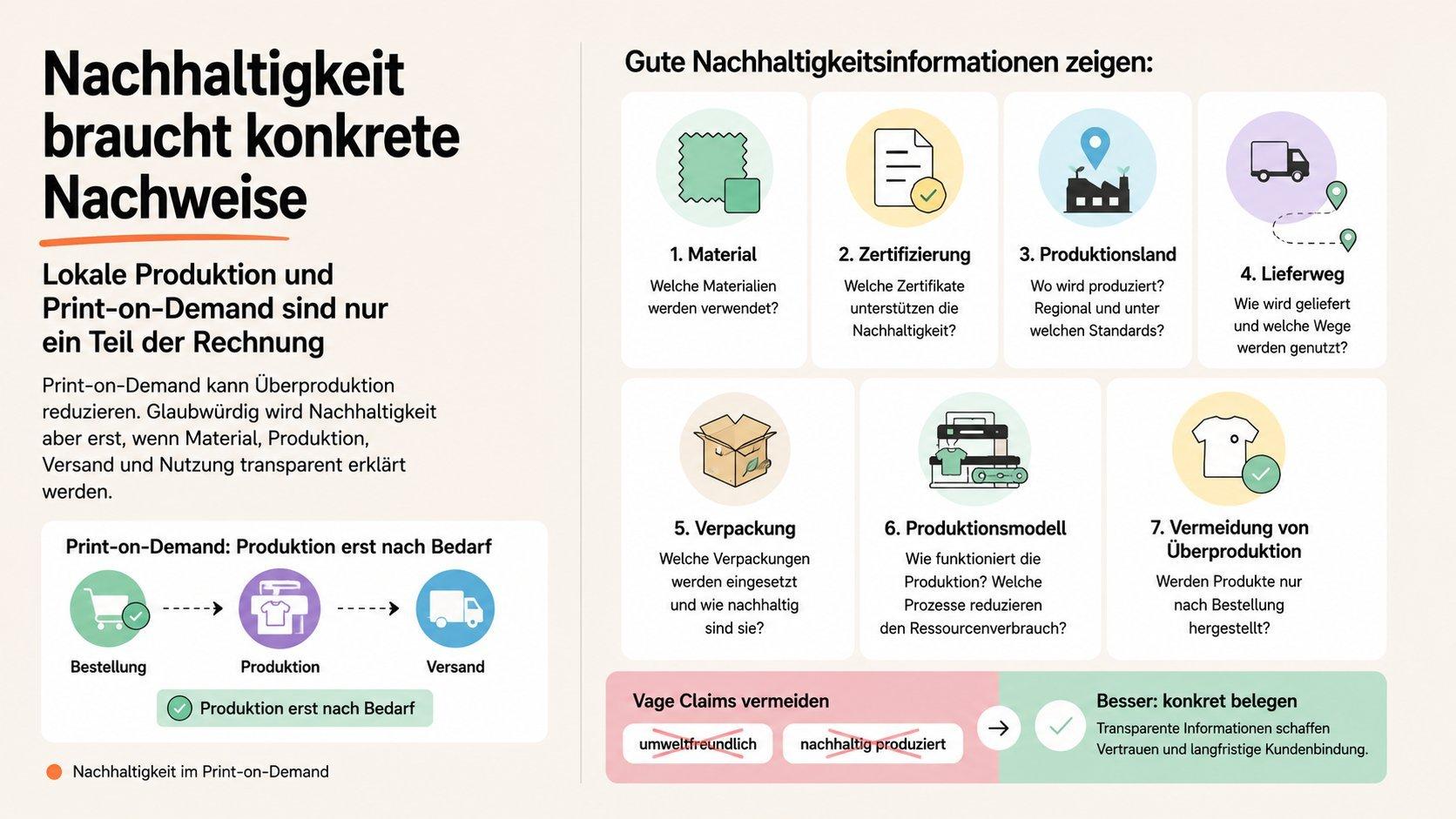 Infografik zu Nachhaltigkeit im Print-on-Demand mit konkreten Nachweisen wie Material, Zertifizierung, Produktionsland, Lieferweg, Verpackung, Produktionsmodell und Vermeidung von Überproduktion. 