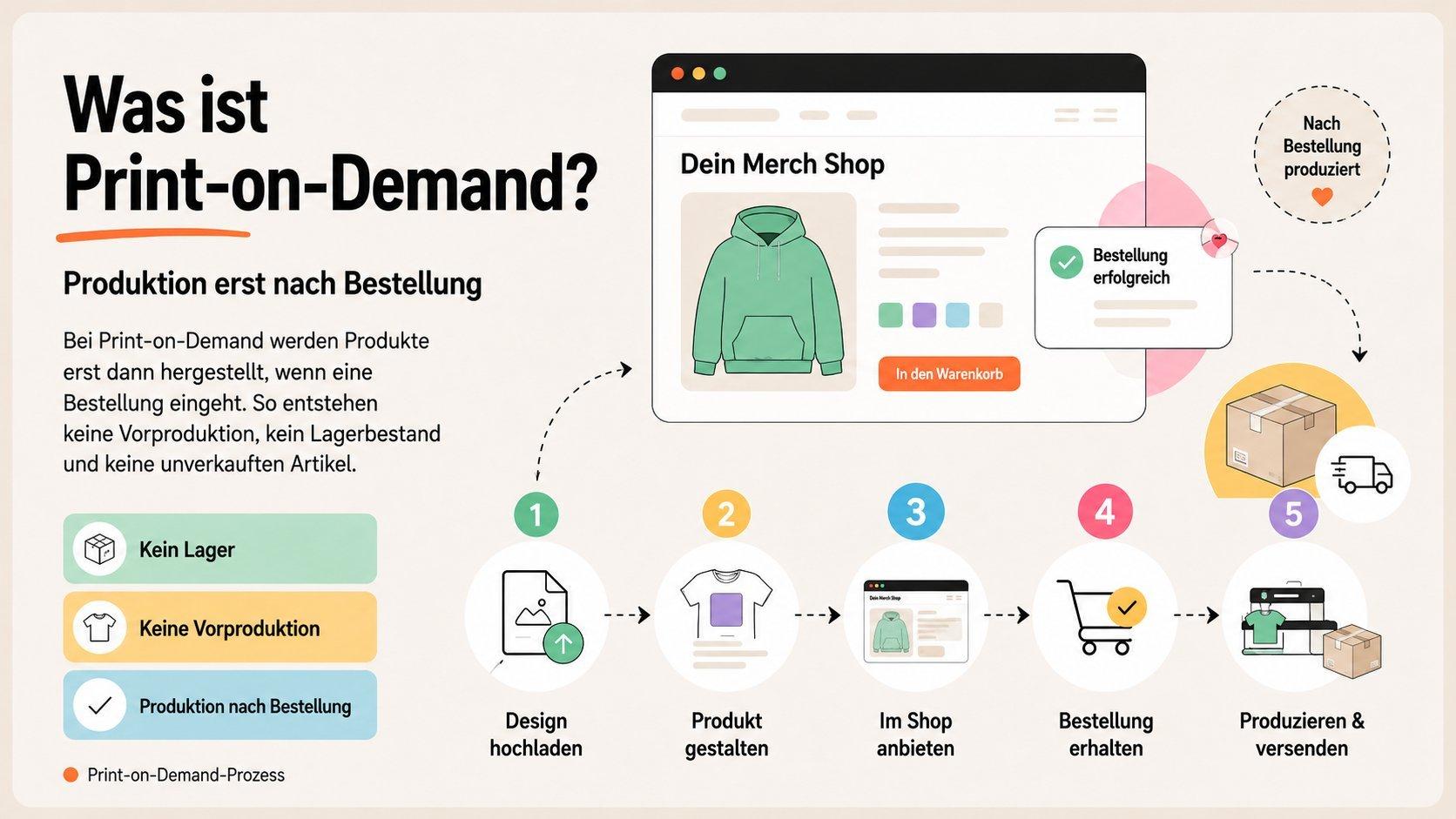 Infografik zum Print-on-Demand-Prozess: Design hochladen, Produkt gestalten, im Shop anbieten, Bestellung erhalten und erst danach produzieren und versenden. 