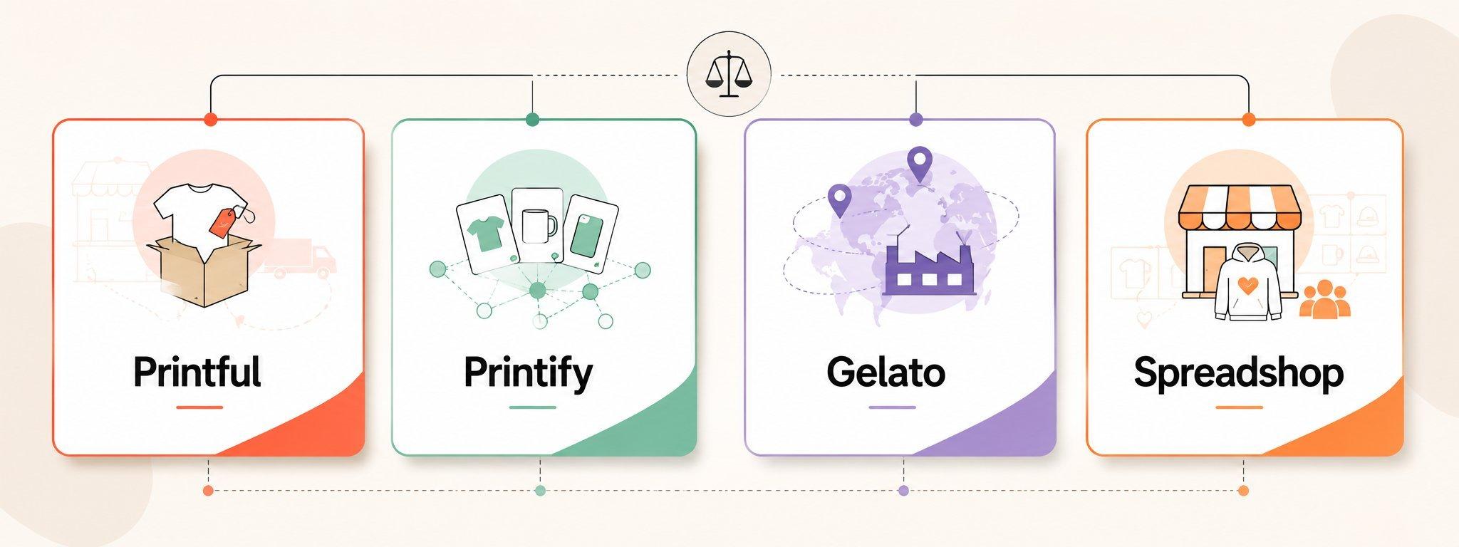Banner-Grafik mit vier gleichwertigen Vergleichskarten für die Print-on-Demand-Anbieter Printful, Printify, Gelato und Spreadshop. 