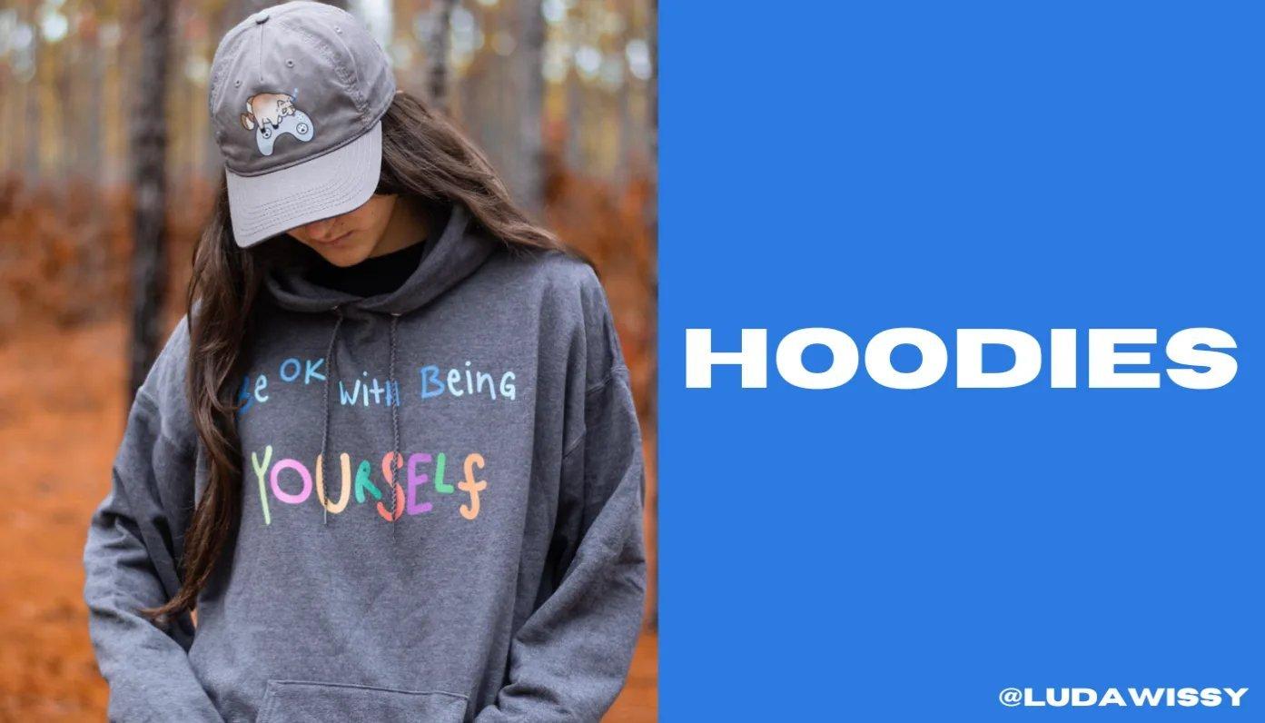 gamer wearing a custom printed merch hoodie