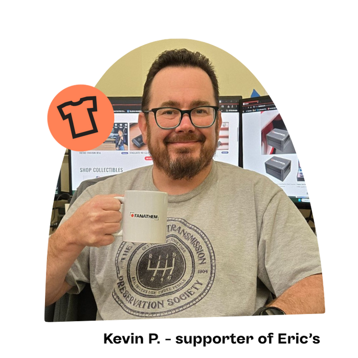 supporter of eric's apparel shop holding up a custom mug