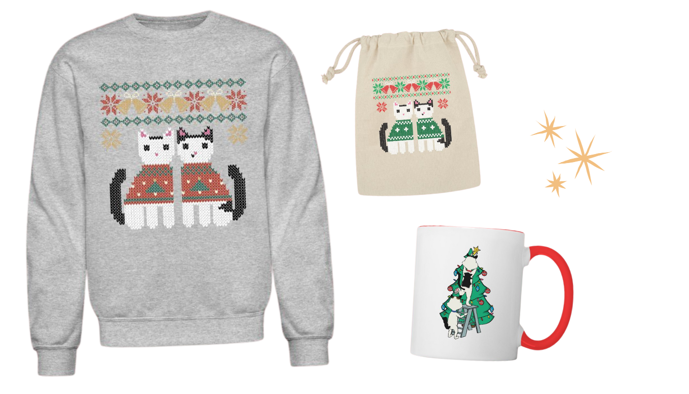 holiday cat designs on different products
