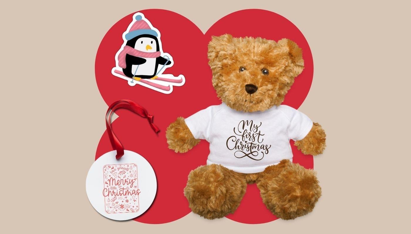 Stocking stuffer bundle with plush toy, gift ornament, and winter penguin sticker.