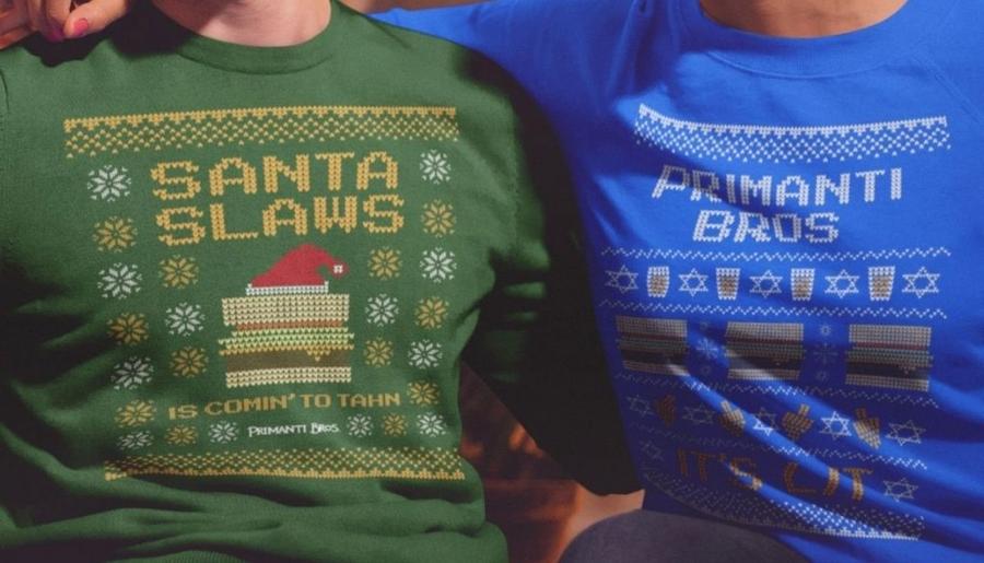 people wearing holiday Christmas sweaters featuring festive knit-style graphics and seasonal designs.
