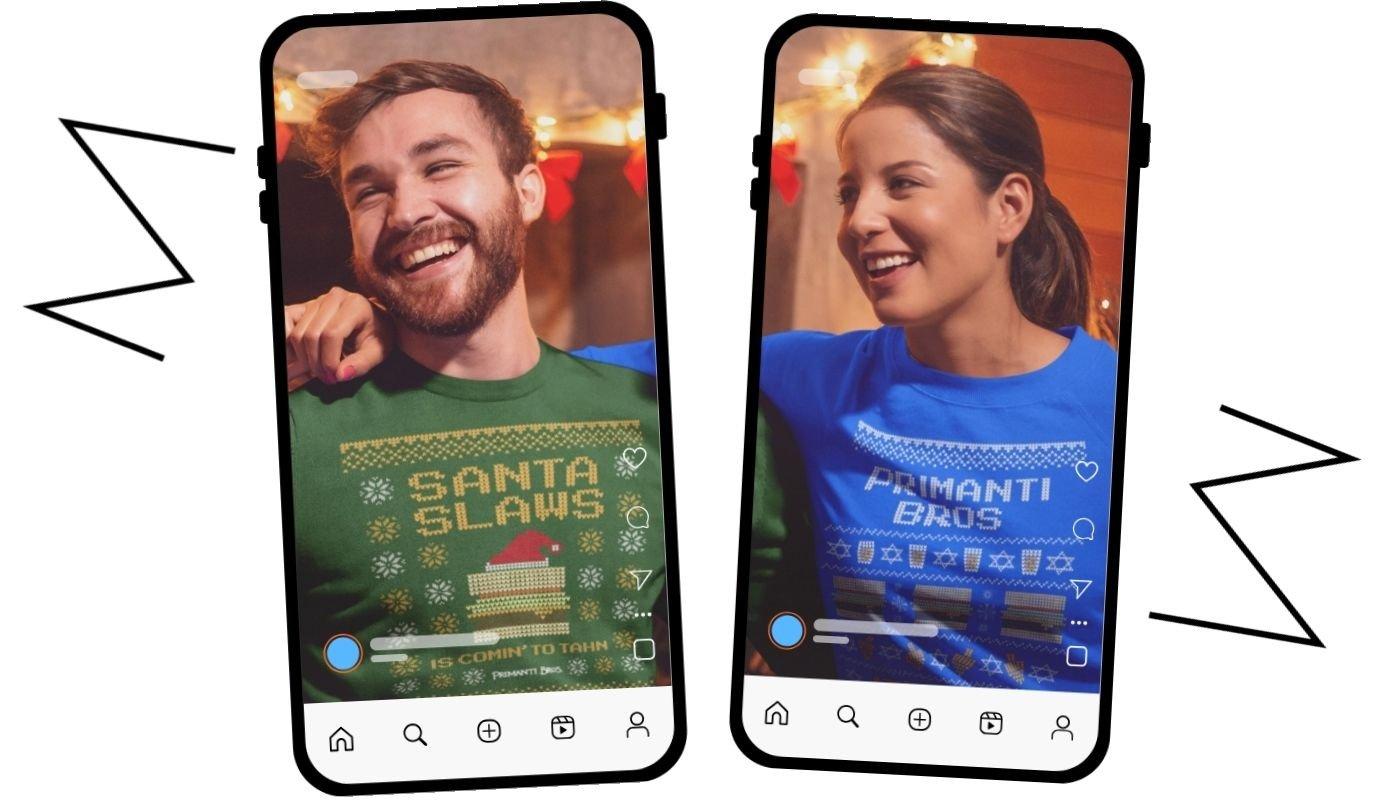 Christmas sweaters displayed in phone mockups, showing how creators promote their festive designs