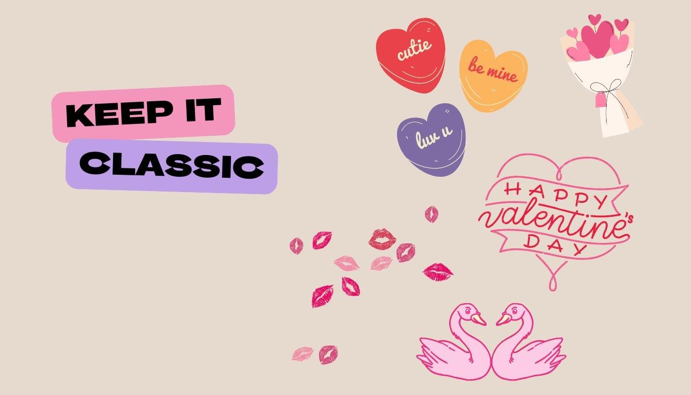 Classic Valentine’s Day designs with candy hearts, love icons, and romantic symbols
