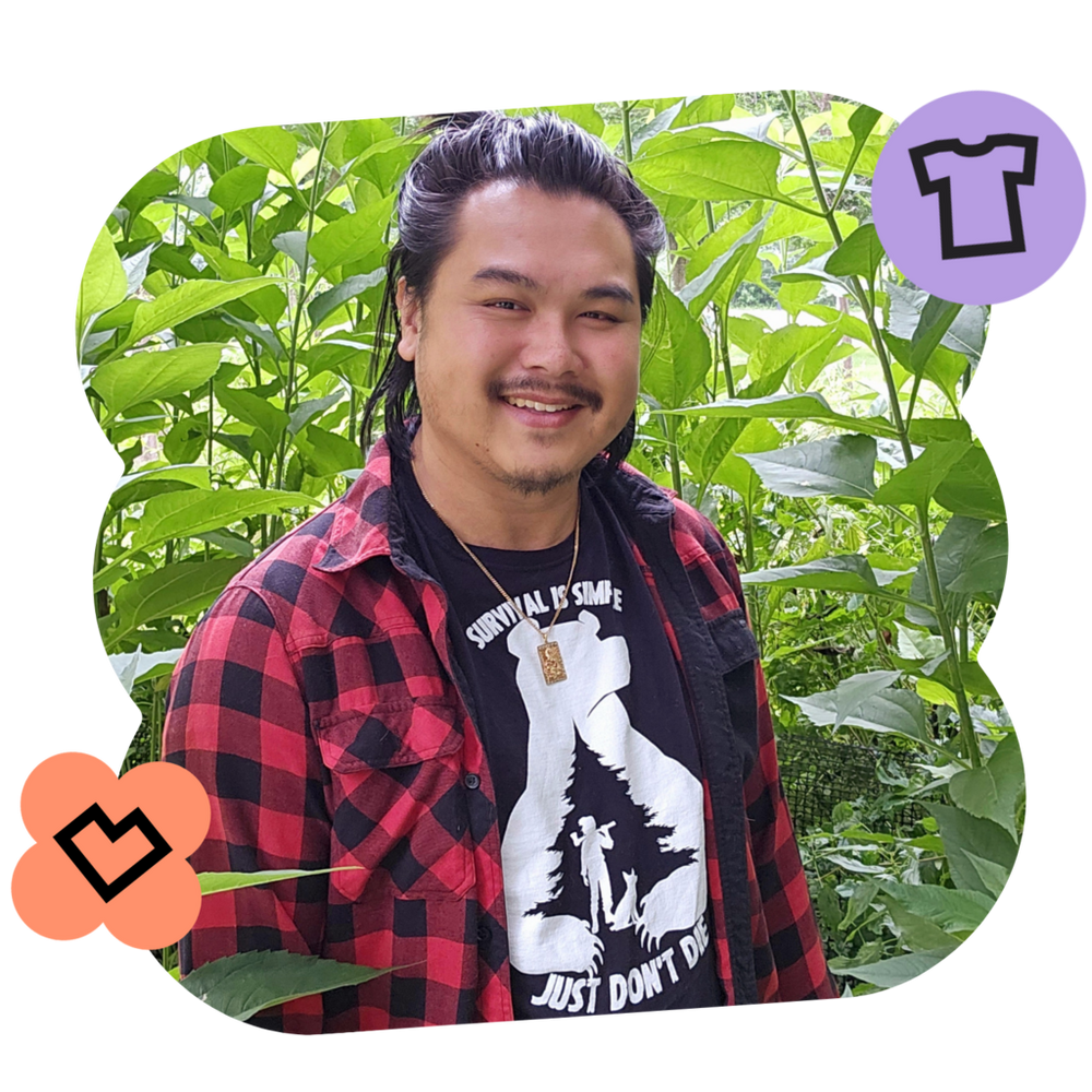 image of tiktok creator clueless bushcraft wearing a custom outdoor survival themed t-shirt