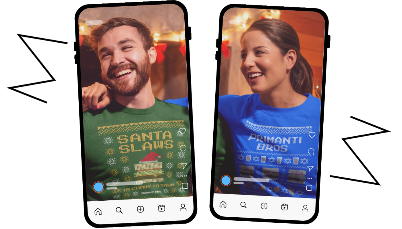 creators wearing food themed christmas sweaters