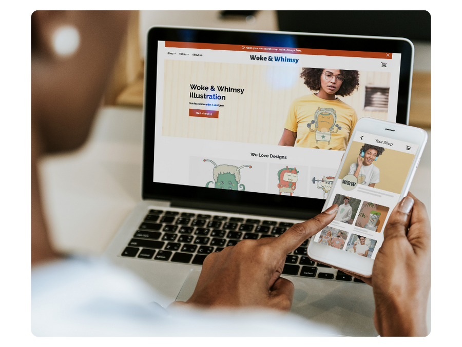 a customer placing an order from a custom spreadshop with mockup on laptop and phone