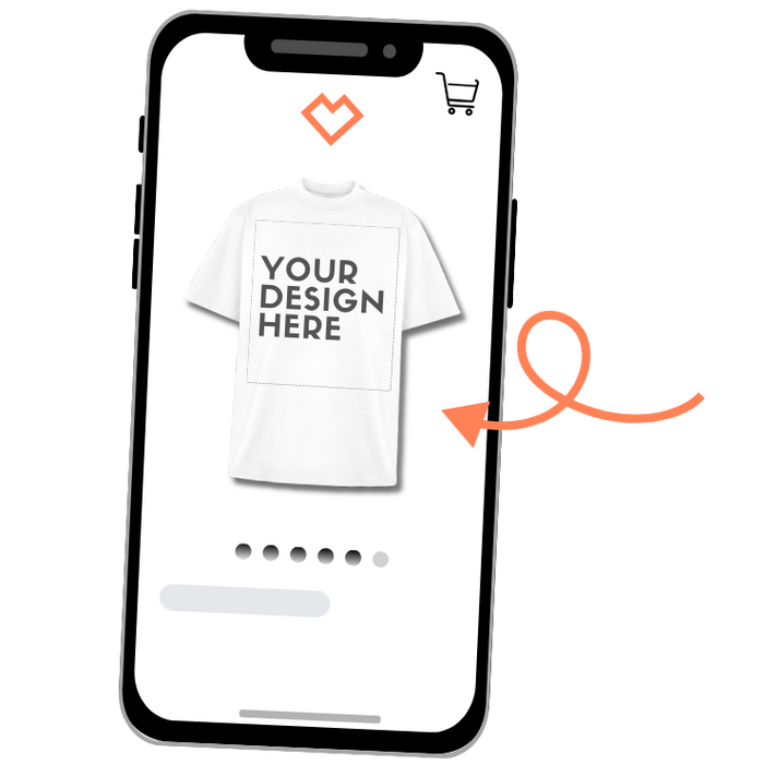 mockup of a tshirt on a phone with "your design here" text to illustrate customization