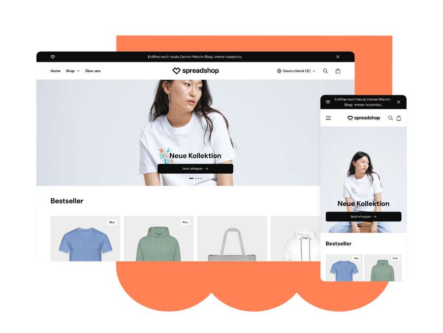 Desktop- und Mobilansicht des neuen Spreadshop-Storefronts für Partner