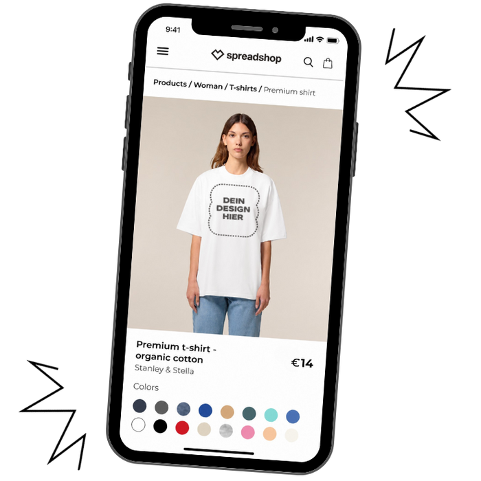 Mockup eines weißen T‑Shirt-Produkts auf einem Smartphone-Bildschirm