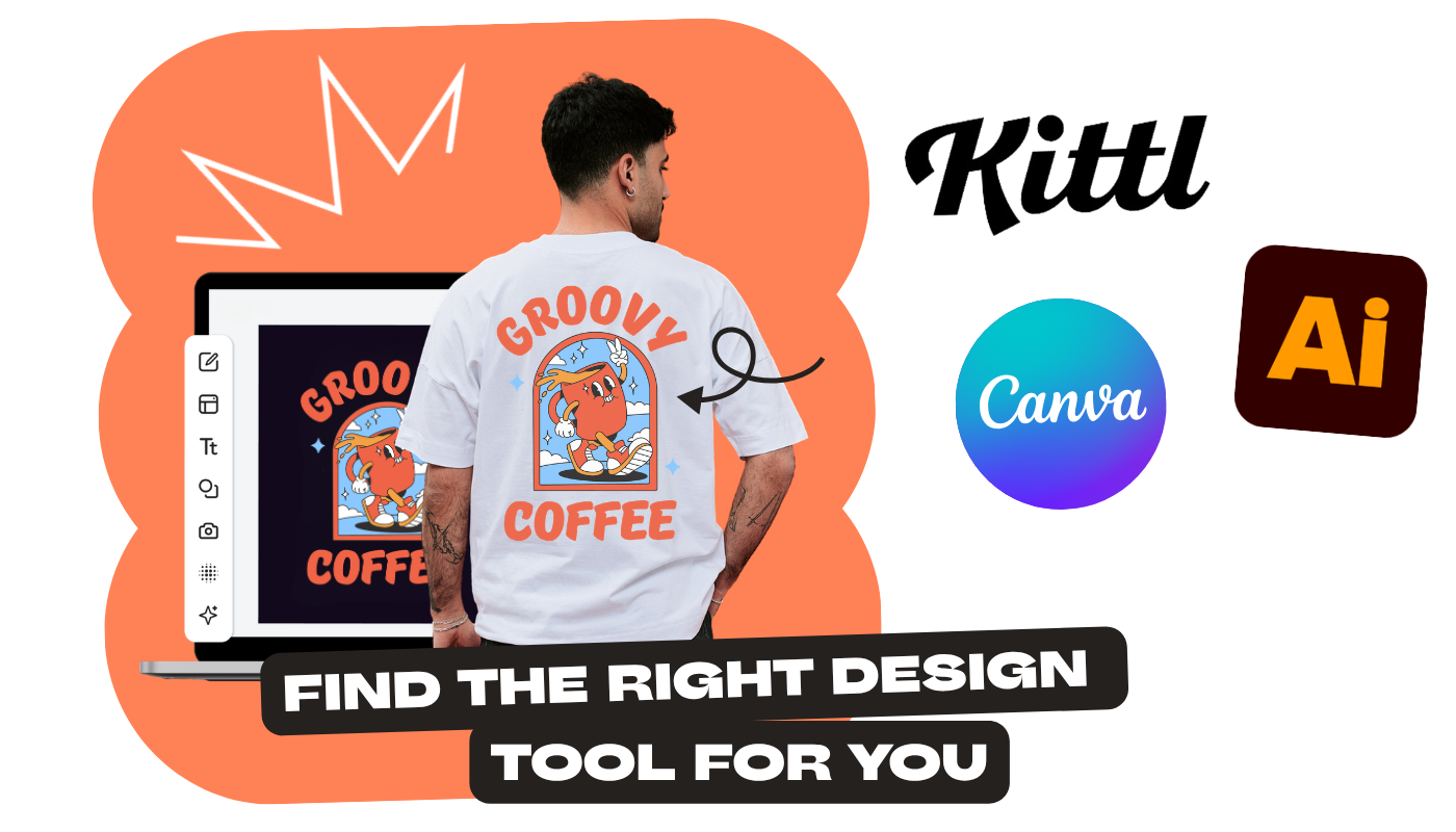 mockup of a coffee design on t-shirt and laptop with kittl, canva, and adobe design icons