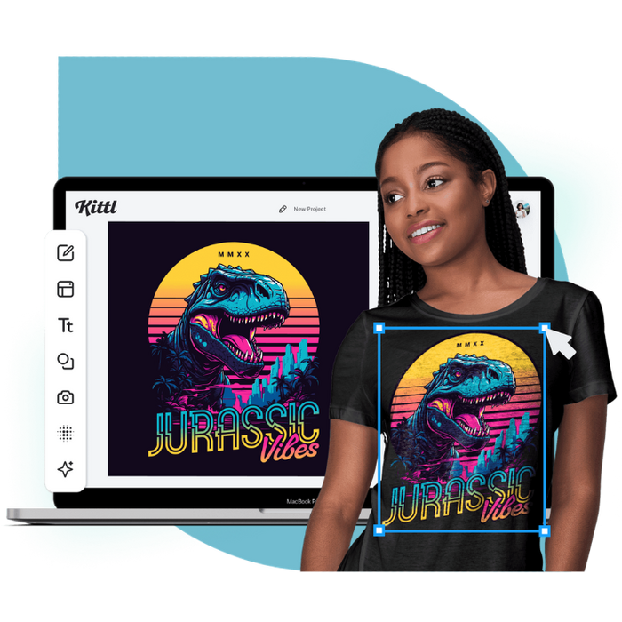 mockup of dinosaur t-shirt design on laptop and t-shirt showing ai design process with kittl