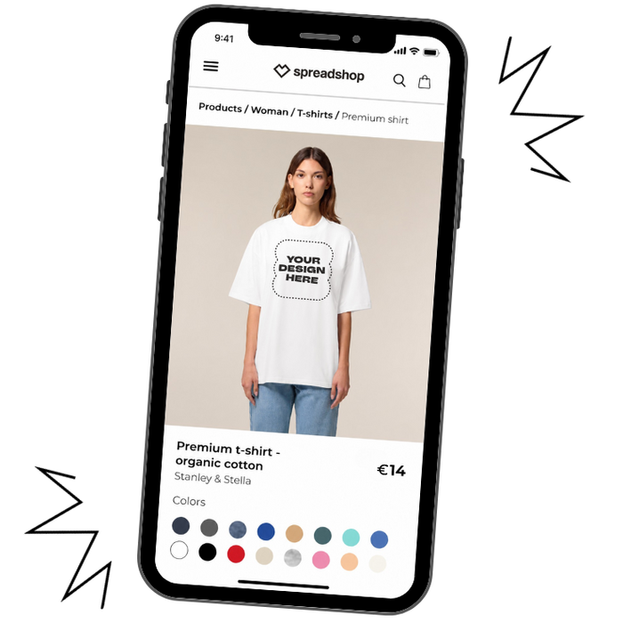 mockup of a white tshirt product on phone to illustrate mobile shopping experience