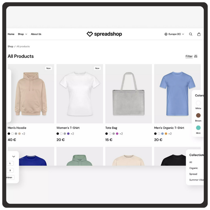 Mockup einer neuen Version der Produktdetailseiten, die Farben, Größen und Produkteigenschaften stärker hervorhebt.