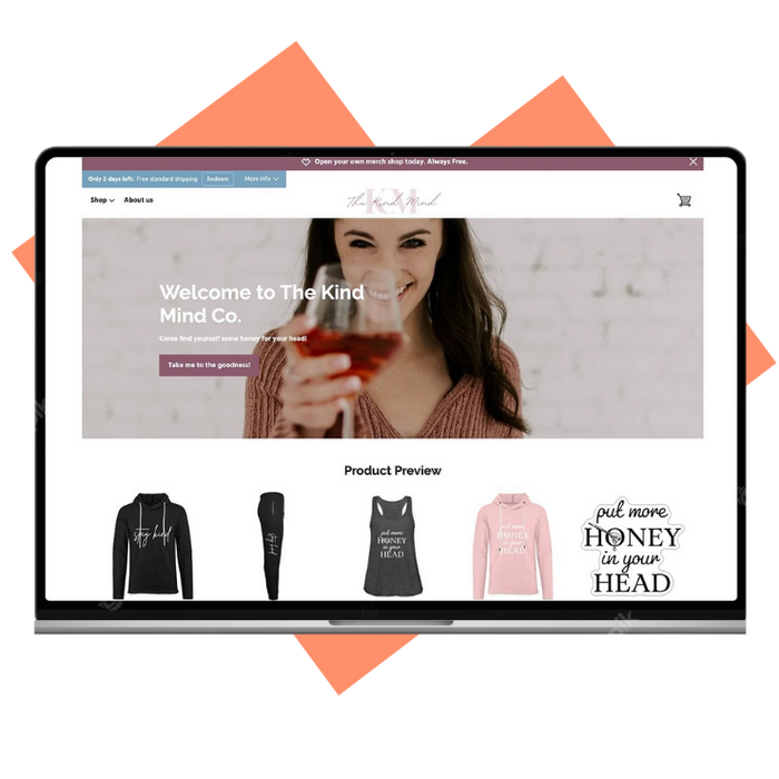 screenshot of a user's spreadshop home page on a laptop screen with a heart logo in the back