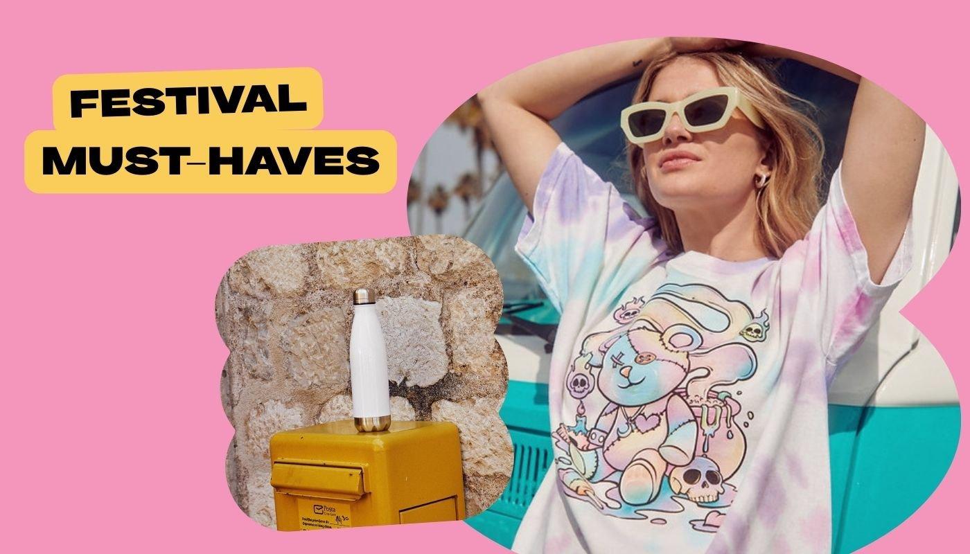 Festival must-have apparel including tie-dye t-shirt and reusable water bottle