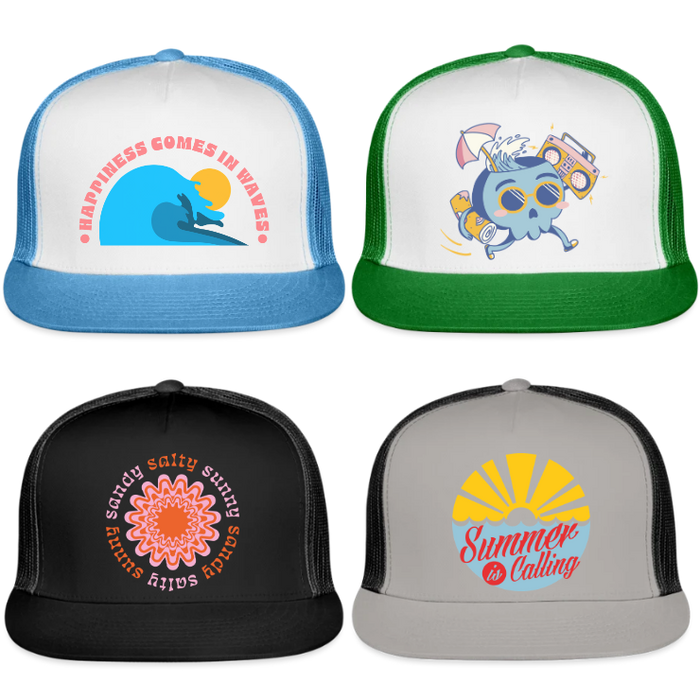 mockup of free summer designs available to download on different colors of bucket hat