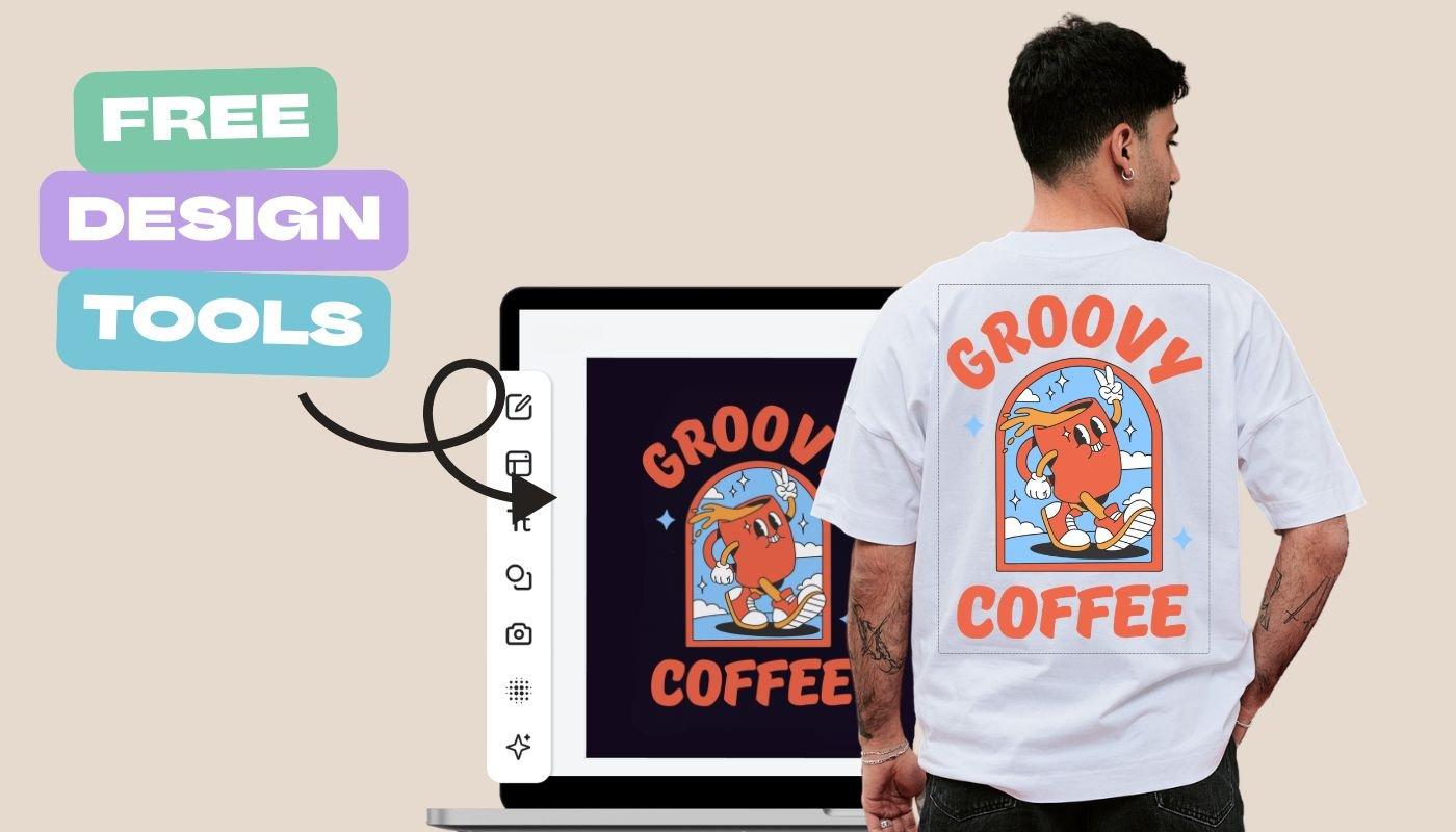 coffee design on laptop and mockup on the back of a t-shirt