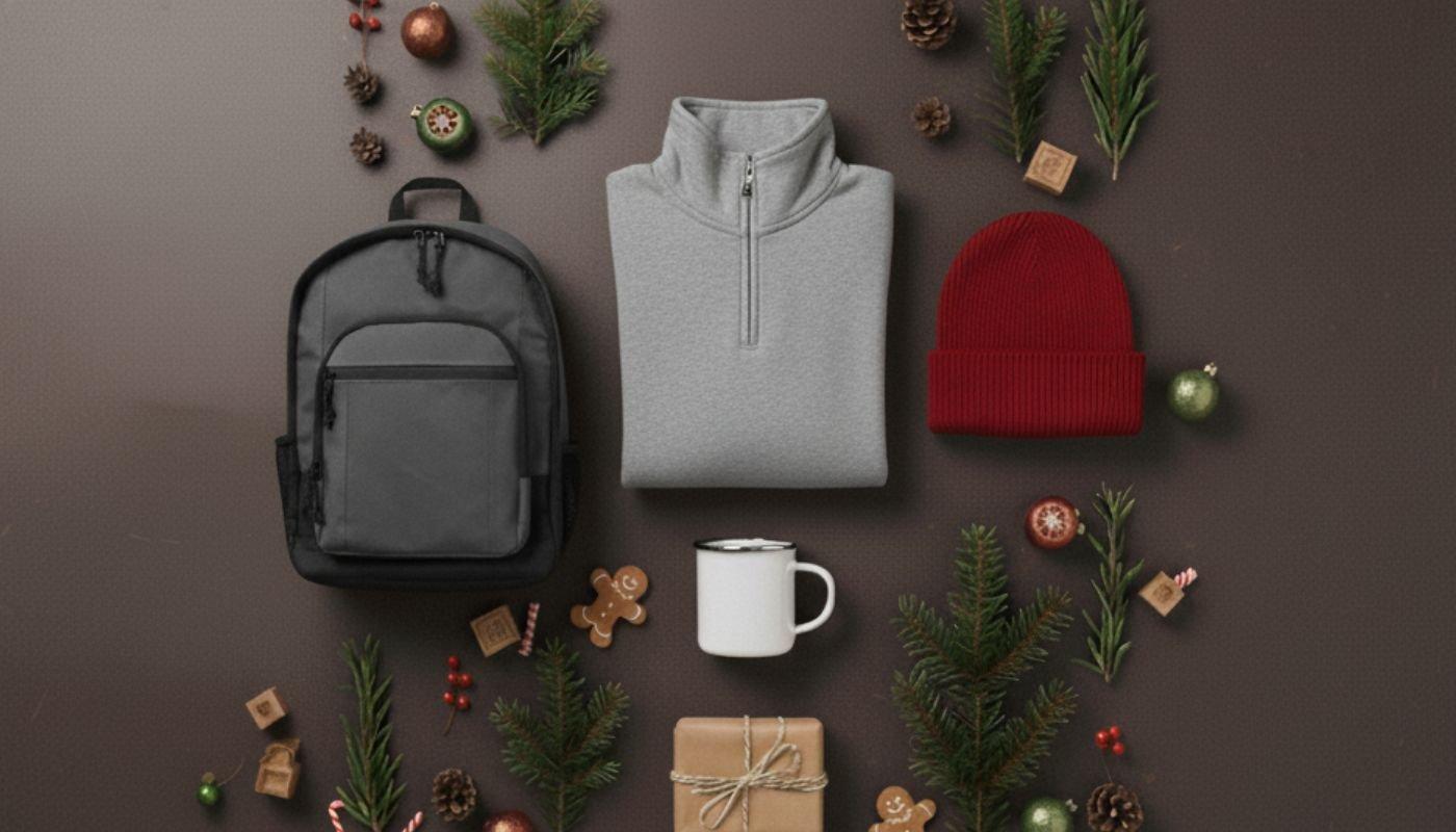 Holiday gift flat lay featuring a backpack, mug, beanie, and sweatshirt with decorations.